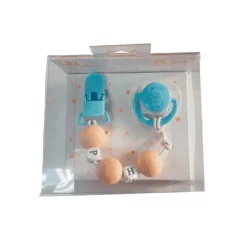 Muñecas Arias Set Chupete Azul Blanco con Cadena Madera y Pinza